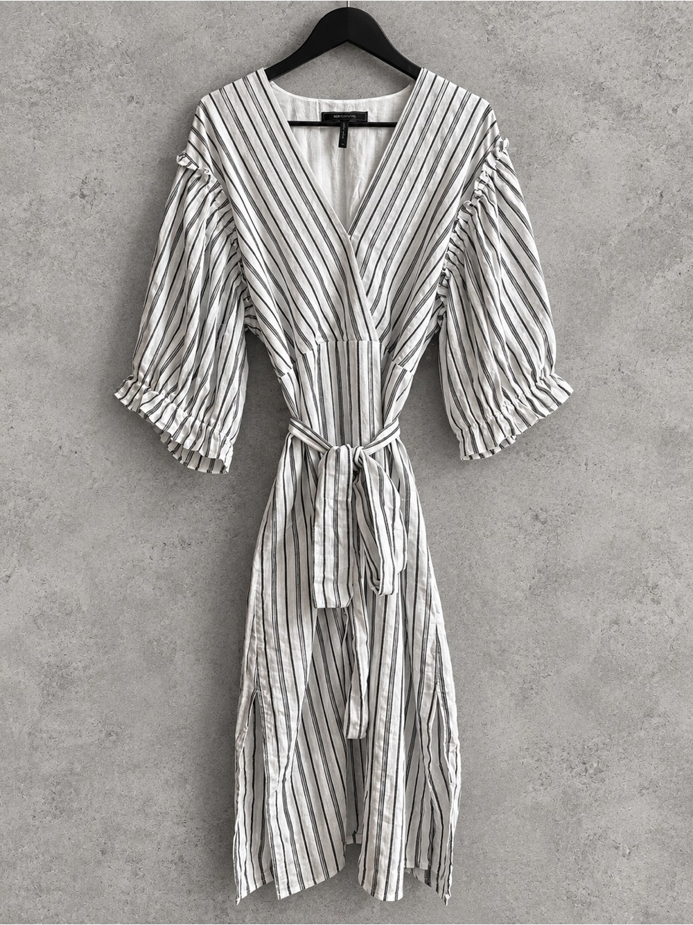 BCBGMAXAZRIA XS Striped Cotton Wrap Midi Dress Belted Ruffle Sleeve